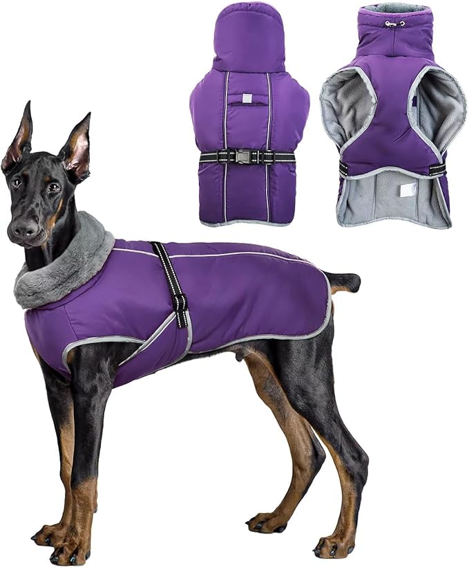 Dog Coats for Large Dogs,2XL Warm Fleece Winter Jacket,Dog Coat with Leash Hole,Waterproof Pet Cold Weather Coats Vest,Dogs Winter Clothes,Reflective Turtleneck PRT Snowsuit,Purple,2XL