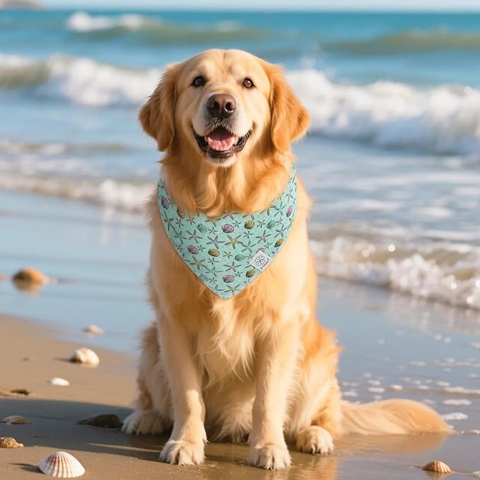 E-Clover Summer Starfish Dog Bandanas & Matching Scrunchie Set Blue Dog Scarf Bibs Pet Bandana with Bow Tie for Medium Large Dogs Owner Mom