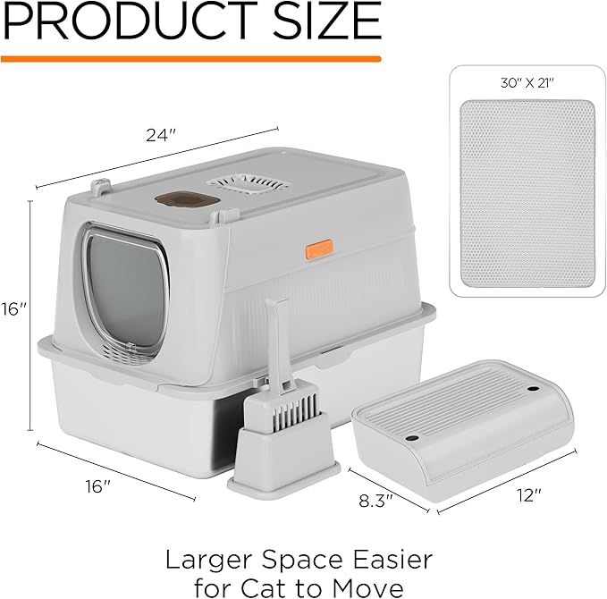 Citylife Stainless Steel Cat Litter Box with Lid，XL Extra Large Enclosed Removable Metal Litter Box with Litter Scoop&Double Layer Litter Mat,Non-Sticky，Non-Odor,Easy Cleaning, for Big Cats，Grey