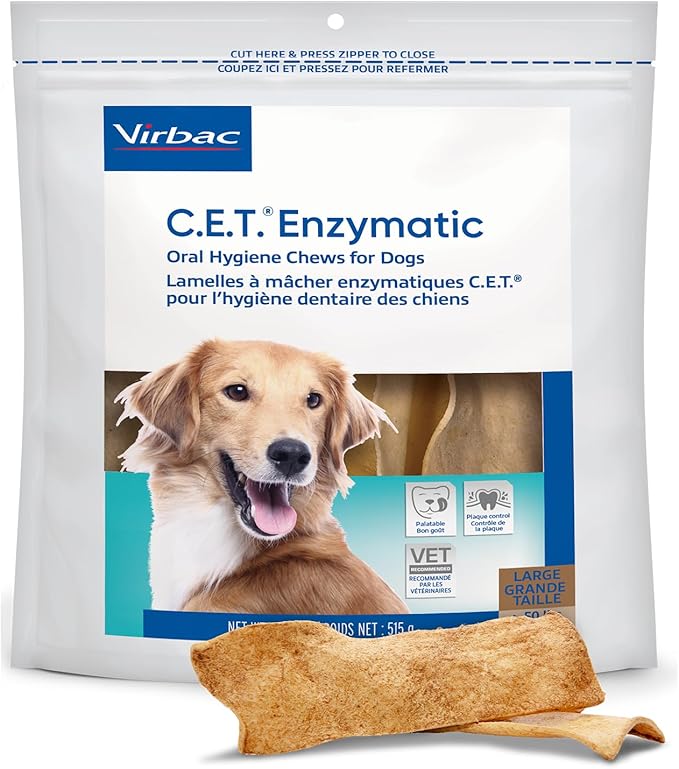 C.E.T. Enzymatic Oral Hygiene Chews for Dogs - Plaque & Tartar Control - Single Layer Beefhide with Exclusive Dual-Enzyme System & Tasty Chicken Flavor - Easy to Give Dog Dental Chew