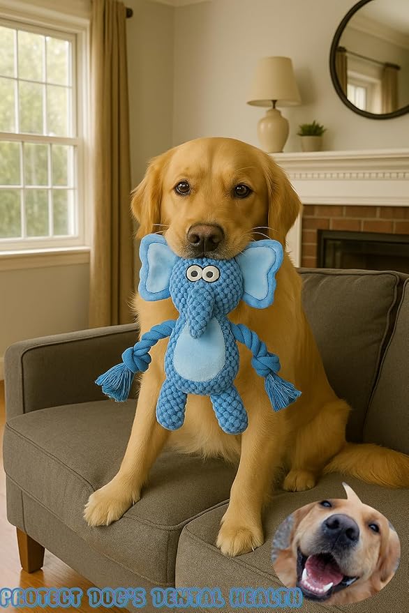 Cotton Rope Squeaky Dog Toy with Crinkle Paper – Interactive Plush Chew Toy for Small & Medium Puppies, Elephant Design