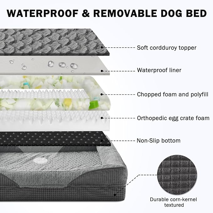 INVENHO Orthopedic Dog Beds Large Sized, XL Washable Egg-Crate Memory Foam Dog Couch Bed with Washable Removable Cover, Waterproof Lining and Nonskid Bottom