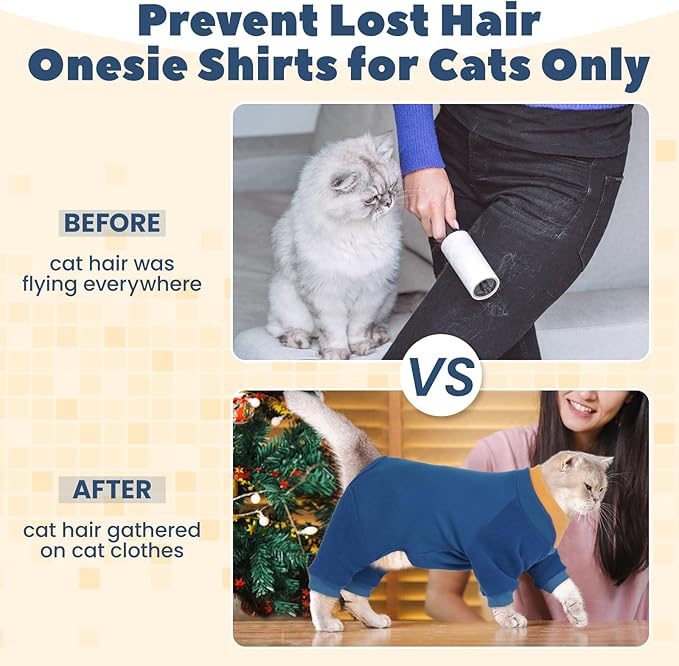 Cat Hair Sticky Onesie, Prevent Hair Loss Cat Pajamas, Long Sleeves Anti-Licking & Skin Disease Recovery Suit for Cats, Sphynx Clothes Costumes Outfits for Pet