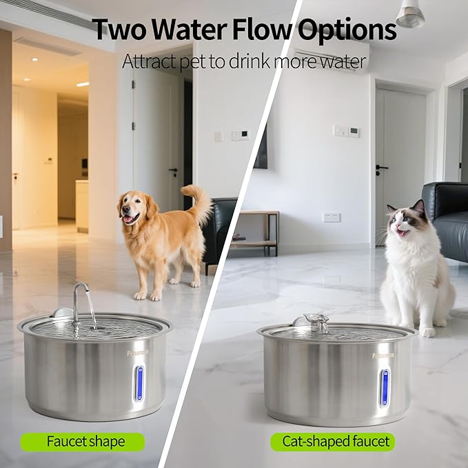 Large Dog Water Fountain, Petsamuse 11L/2.8Gal Automatic Circulating Stainless Steel Water Bowl Dispenser with 15 Replacement Filters, 2 Ultra Quiet Pumps, 2 Spray Modes and a Brush for Multi-Pet