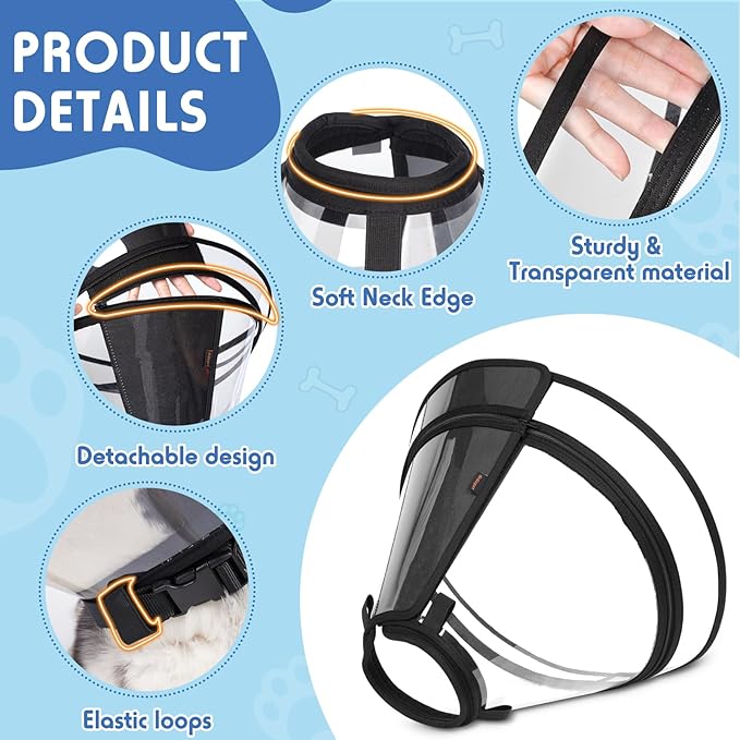 Dog Cone, Transparent Recovery Collar for Giant Breeds, E Collar After Surgery to Stop Licking, Depth Adjustable Soft Cone Not Block Vision Patented (XXL)