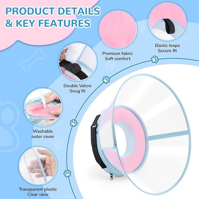 Sponge Core Dog Cone, Inflatable Dog Cone Collar Alternative, Dogs Donut Collar After Surgery, Soft Cone for Large Medium Small Dogs to Stop Licking, No Inflation Required, Clear View(Size 3, Pink)