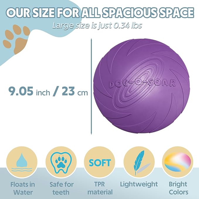 Indestructible Dog Flying Disc, Interactive Dog Flyer Toys, Soft Dog Catch Fetch Toys for Small Medium Large Dogs, Floats in Water & Safe on Teeth, 9.05 in (Purple and Yellow, 2Pcs)