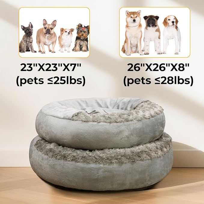 Cave Dog Bed with Blanket Donut Round Plush Cozy Cat Pet Bed for Puppy Machine Washable Removable Cover Cat Toy Anti-Slip Bottom Gray 26X26X8 inch