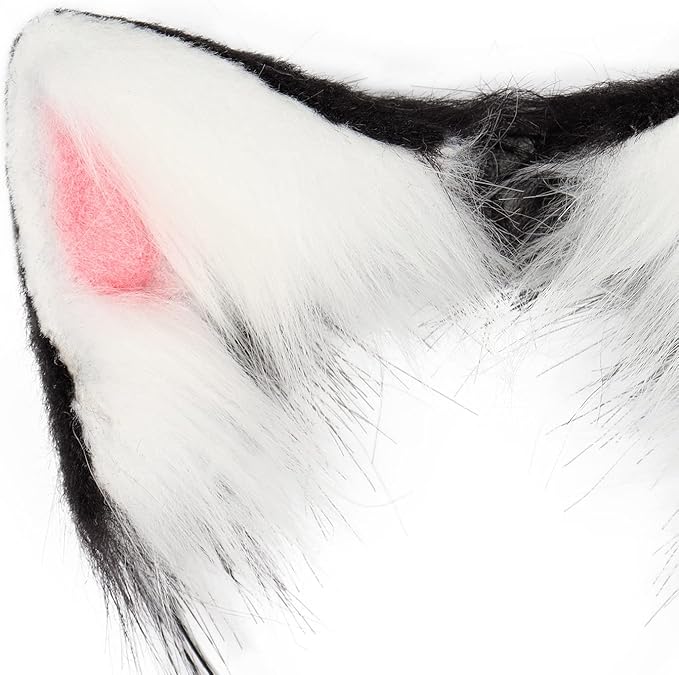 Cat Ears and Wolf Fox Animal Tail Cosplay Costume Faux Fur Hair Clip Headdress Halloween Leather Neck Chocker Set