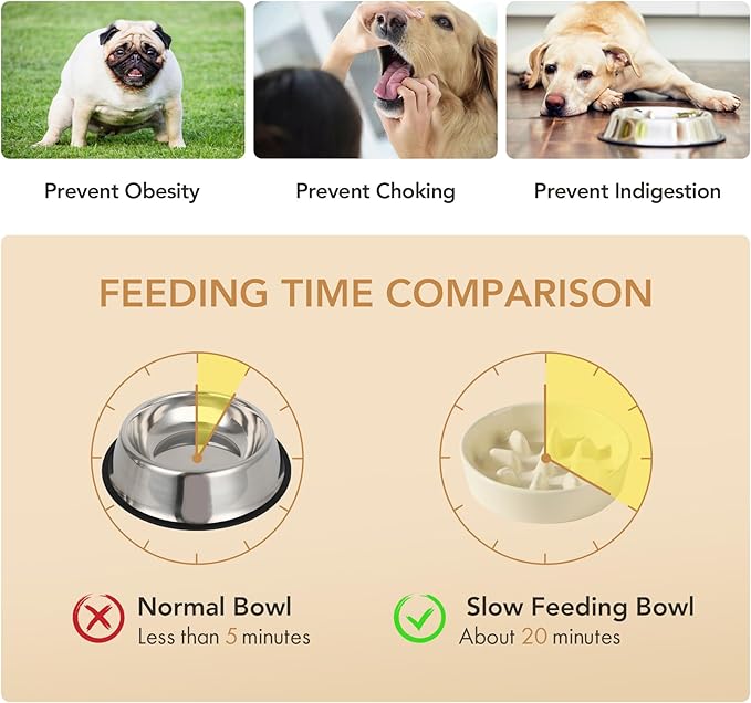 6.1inch Dog Bowl Slow Feeder Ceramic, Slow Pet Food Dish for Small Dog and Cat, Stop Bloat, Preventing Choking(Single Bowl, Beige)