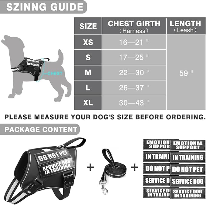 Service Dog Vest Harness and Leash Set+10 Patches,No Pull&Easy Walk Reflective Dog Harness with Soft Padded Handle for Training/Everyday,Fit Small/Medium/Large/Extra-Large Dogs (Black S)