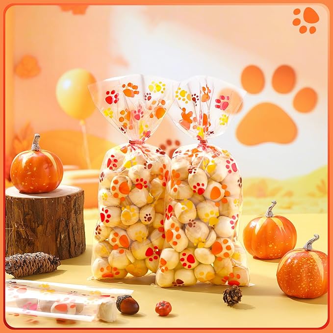 Blulu 100 Pieces Dog Treat Bags Puppy Party Favor Pet Paw Cone Cellophane Bags Candy Heat SealableDog Paw Gift with 100 Pieces Silver Twist Ties for Pet Cat Treat Party Favor(Orange, Brown, Yellow)