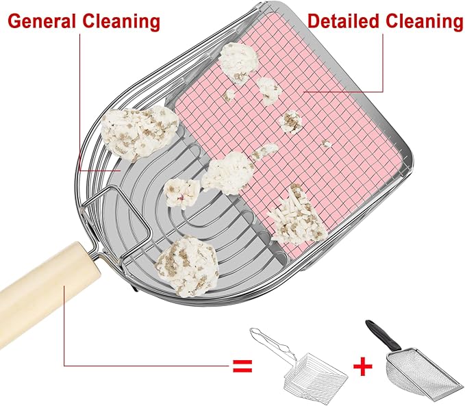 Ownpets Iron Metal Cat Litter Scoop, Heavy Duty Kitty Litter Scooper & Speed Sifter to Catch Small & Large Clumps, with Eucalyptus Wood Handle, Non-Stick Deep Shovel for Effective cleanup