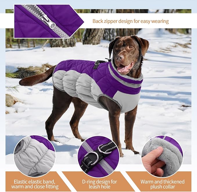 Dog Coats for Large Dogs,XL Dog Coat,Warm Fleece Winter Coat with D-Ring,Back Zipper Pet Jacket for Large Dogs,Waterproof Pet Snow Jacket Clothes Snowsuit Beagle Corgi Border Collie,Purple,XL