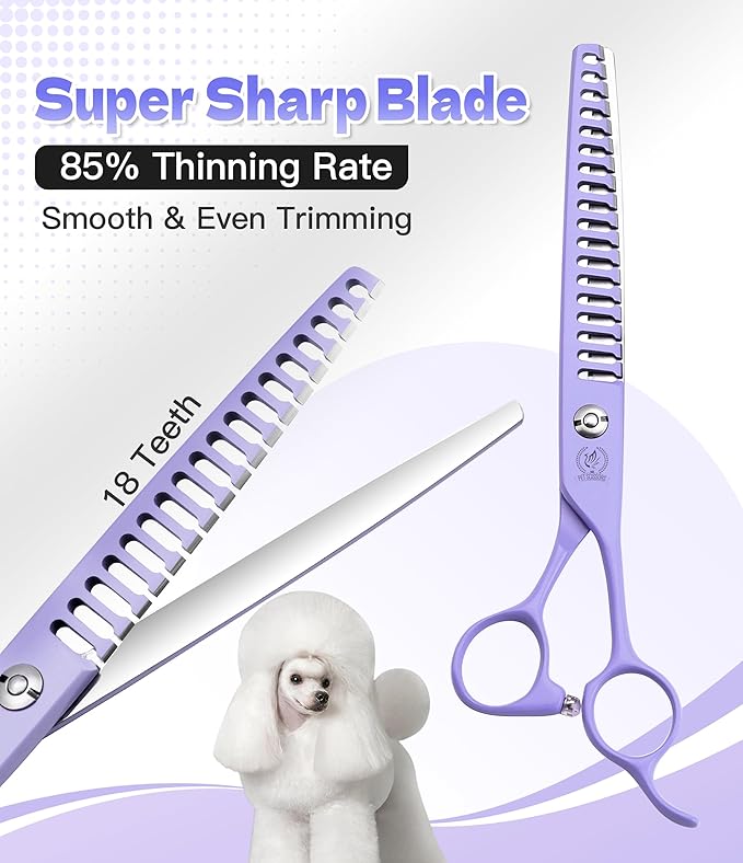 Fenice Peak 7" Professional Dog Grooming Scissors Set, Japanese 440C Stainless Steel Straight Thinning Curved Chunker Shears for Pet Grooming, Trimming Face, Paws, Violet