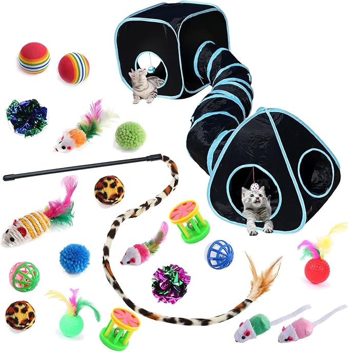 Collapsible Pet Tunnel Cube Tent Toys, Interactive Cat Feather Teaser Wand Cat Bell Balls Fuzzy Ball Springs Mouse Toys for Indoor Kittens (Black)