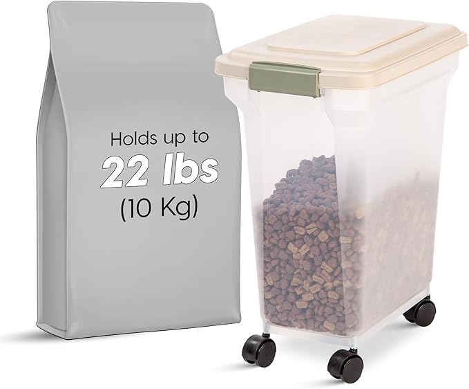IRIS USA WeatherPro Airtight Dog Food Storage Container, Up to 22 lbs, Attachable Wheels, For Dog Cat Bird and Other Pet Food Storage Bin, Keep Fresh, Translucent Body, Clear/Almond