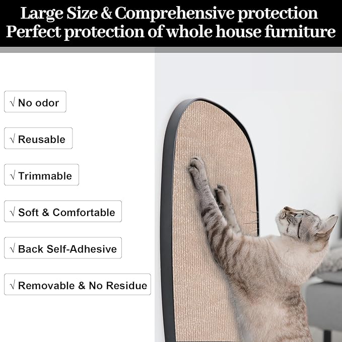 Uranshin Trimmable Cat Scratch Mat pad Self-Adhesive Cat Scratching Post Carpet Covered 78.7"x15.8" Cat Tree Shelves Replacement Parts cat Furniture Protector for Couch Wall (Khaki)