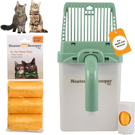 Neater Pet Brands Neater Scooper XL Cat Litter Scoop, 60 Refill Bags – Extra-Large Capacity Mess-Free Cat Litter Scooper with Bag for Large & Multiple Cats, Spill-Proof Litter Box Scooper with Holder