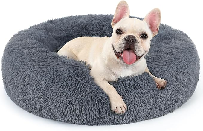 rabbitgoo Calming Dog Bed for Small Medium, 27 inches Pet Bed Machine Washable, Non-Slip Round Fluffy Plush Faux Fur, Soft Donut Cuddler Cushion for Small Dogs, Dark Grey