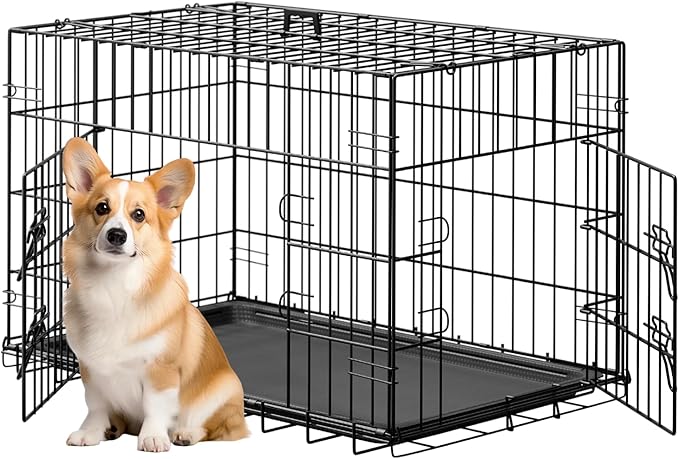 FDW 30inch Dog Crate Pet Cage with Metal Folding Design Plastic Tray Indoor Outdoor Dog Kennel Cage for Small and Medium Dogs,Black