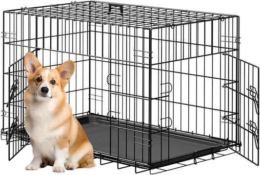FDW 30inch Dog Crate Pet Cage with Metal Folding Design Plastic Tray Indoor Outdoor Dog Kennel Cage for Small and Medium Dogs,Black