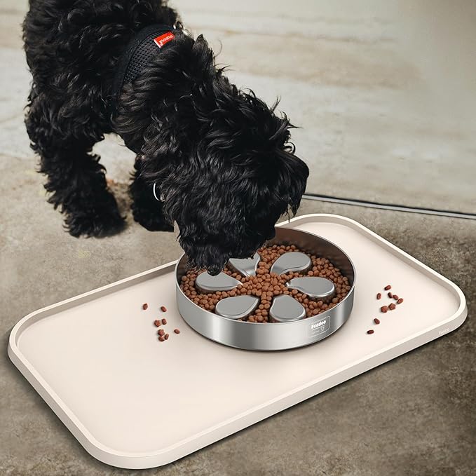 Pet Feeding Mat [Warped Resistant Raised Edge], Water-Proof Silicone Placement for Food Water Bowls, Anti-Slip Base Protect Floor, BPA-Free&Dishwasher-Safe [23.5x13.5inch Large, White Sand]