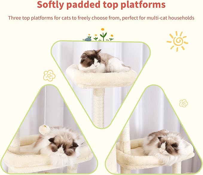 Hey-brother Cat Tree Tower, Scratching Posts with a Extended Part, Wide Platforms, Cozy Condos, Hammocks, Sisal Columns and Ball for Indoor Cats, 70.1 Inches, Beige MPJ038M