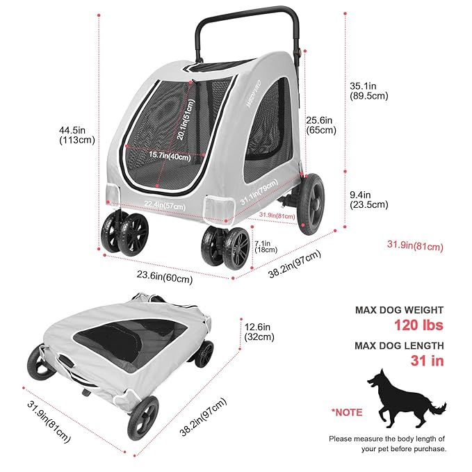 Dog Stroller with 4 Wheels, Folding Cat Strolling for Small/Medium/Large Dogs & Cats to 120 lbs, pet Stroller with Removable Carrier, Storage Basket,Cup Holder (Gray)