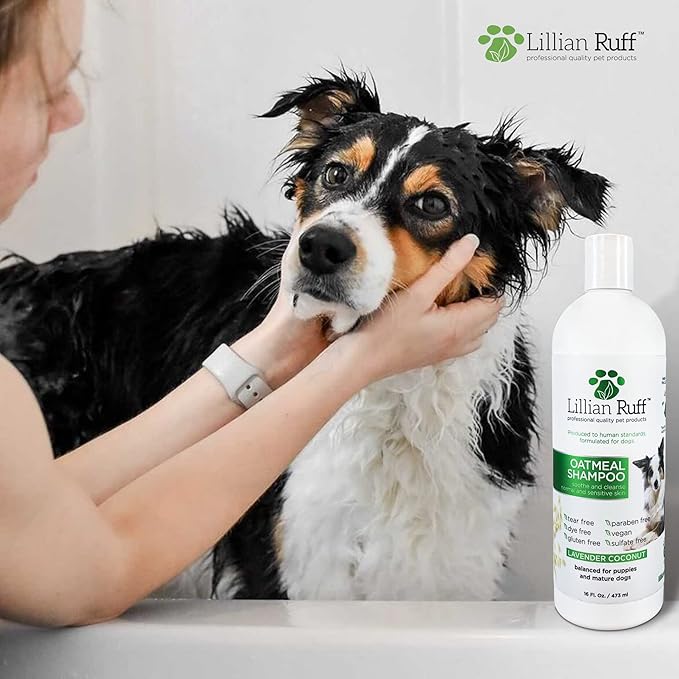 Lillian Ruff PRO Formula Deodorizing Oatmeal Dog Shampoo - Calms Itching & Allergies, Ultra-Nourishing Dry Skin Relief - Oatmeal, Aloe, Coconut Oil, Lavender & Provitamin B5 - Made in USA (16oz)