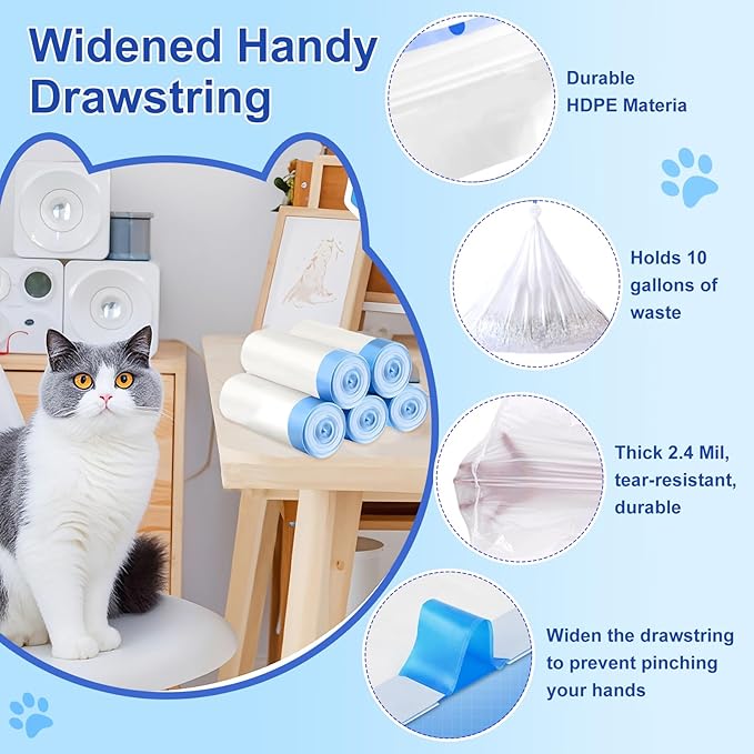 Cat Litter Bags 100 Pack, Thickened cat litter box liners, Leakproof Poop Bags & Waste Bags - Ultimate Odor Control and Leakproof Design,5 Rolls Drawstring Trash Bags for Automatic Litte(18x20inches）