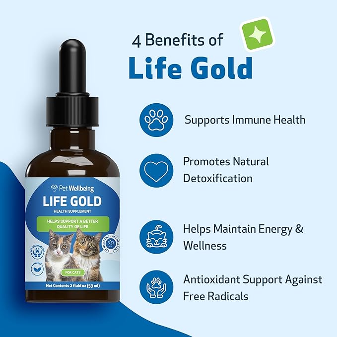 Pet Wellbeing Life Gold for Cats - Supports Detoxification & Healthy Immune Defenses, Astragalus, Burdock, Sheep Sorrel - Vet-Formulated Holistic Supplement – 2 oz (59 ml)
