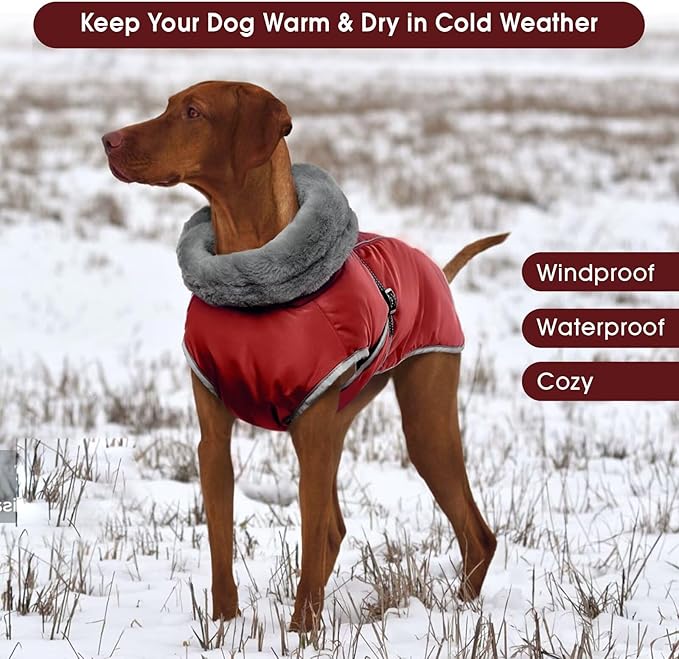 Dog Winter Jackets for Large Dogs,Size L Warm Pet Coat with Leash Hole,Waterproof Dogs Snowsuits Warm Pet Jacket Fleece Cold Weather Coats Reflective Puppy Vest,Dog Cold Weather Coats,Red,L