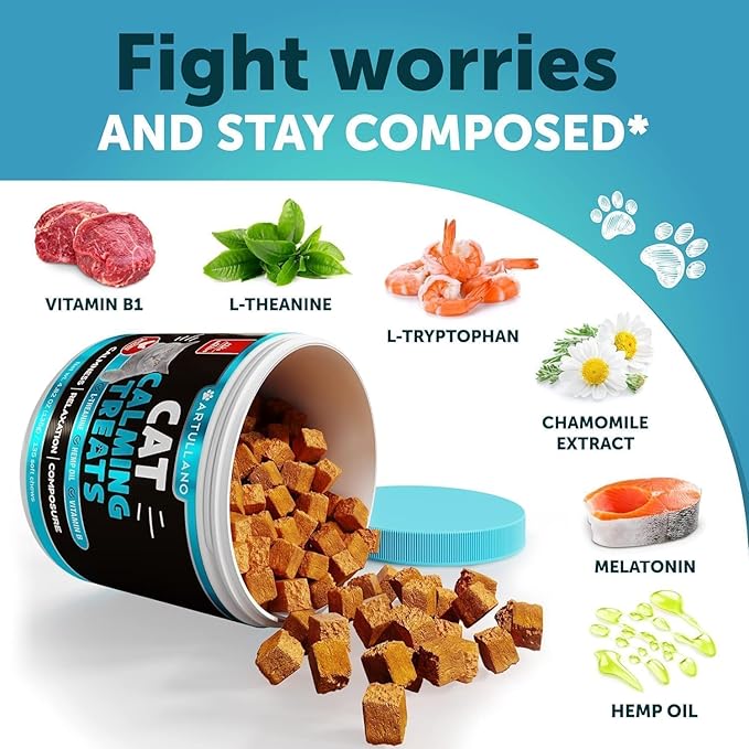 Hemp Cat Calming Treats for Stress & Anxiety Relief - Cat & Kittens - Melatonin - Storm Anxiety, Сomposure, Grooming, Separation, Veterinary Visits, Travel Care - Calming Aid with Hemp Oil - 135 Chews