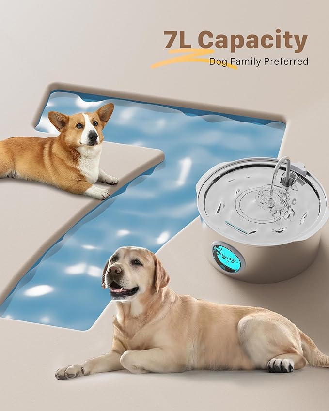 Dog Water Fountain for Large Dogs: 7L/236oz/1.8G Dog Fountain Stainless Steel - Big Cat Drinking Fountain Indoor - Super Quiet Water Fountain for Dogs Inside - for Large Dog Cats & Multi-Pet Home