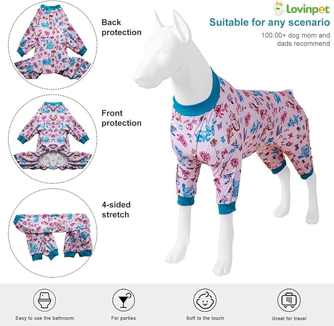 LovinPet Dog Pajamas Bodysuit for Giant Dogs, Pet Anxiety CalmingShirt, Lightweight Post Surgery Dog Pajamas, Garden Print, Pitbull Clothes, 4 Legged Style Pullover Dog Onesie, Medium