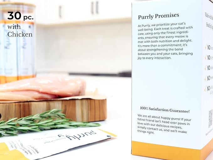 Purrly Lickable Wet Cat Treats Creamy Purée Human-Grade Chicken Breast with Prebiotic and Dietary Fiber for Digestive Health (30 Count) Non-Seafood Non-GMO No-Grains No-Artificial-Additives All Ages