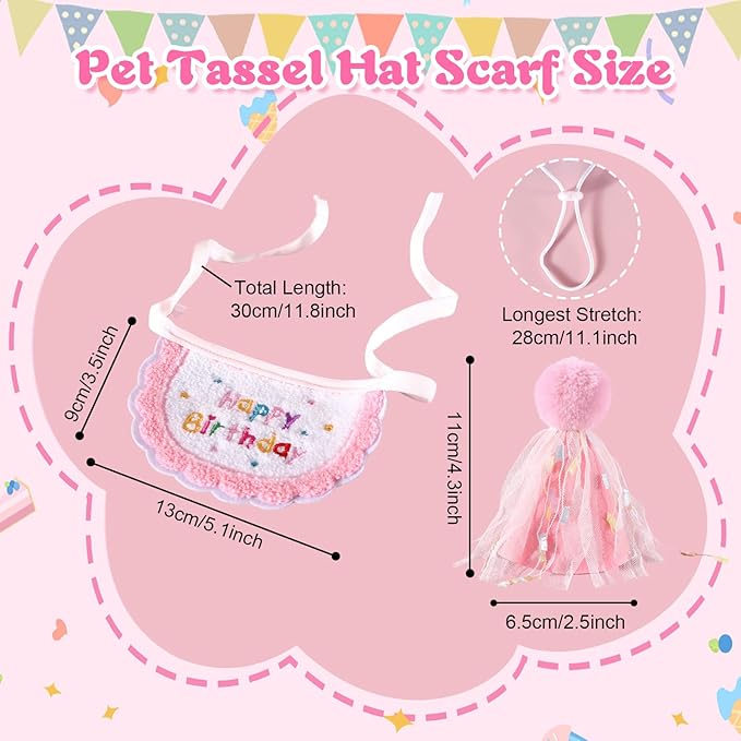Kunyeah 2Pcs Pet Happy Birthday Hat Scarf Set Puppy Princess Costumes Cute Cat Bandana Outfit Dog Cone Hat wtih Pom-pom Colorful Lace Bib Collar Pet Birthday Decorations Party Supplies (Pink)
