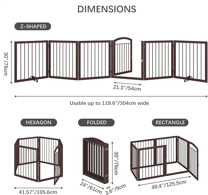 JSB 144-inch Extra Wide 30-inch Tall Dog gate with Door Walk Through, Freestanding Round Tube Pet Gate for Halls Stairs, Puppy Safety Dog Fence with 2PCS Support Feet (Espresso)