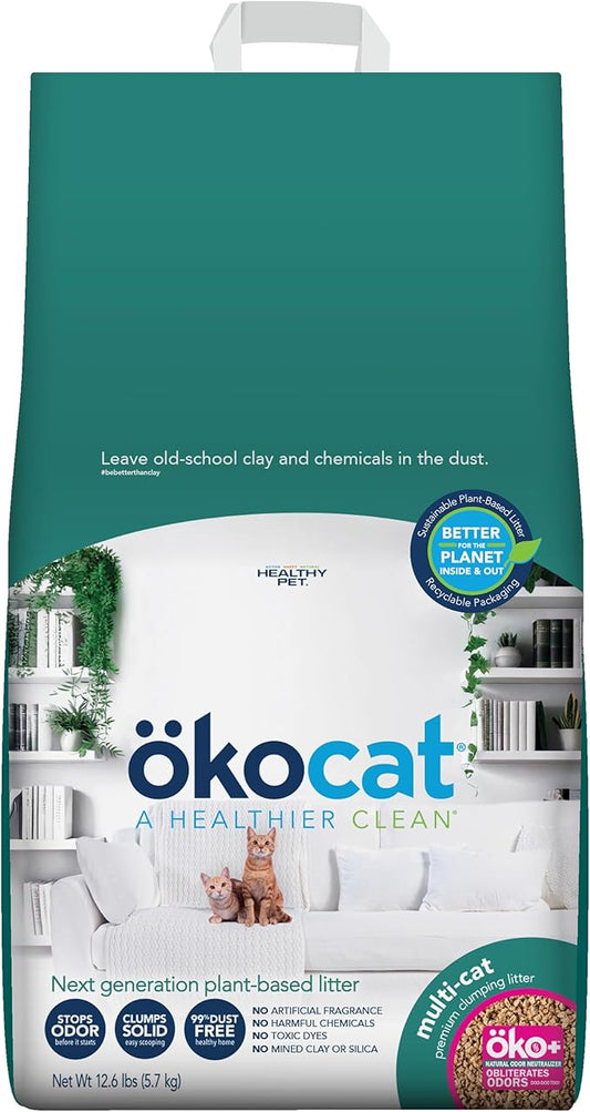ökocat Multi-Cat Wood Clumping Cat Litter, Unscented, 12.6 pounds - Natural Ingredients, Obliterates Odors with Natural Odor Neutralizer, Clumps Solid, 99% Dust Free, Great for Multiple Cats