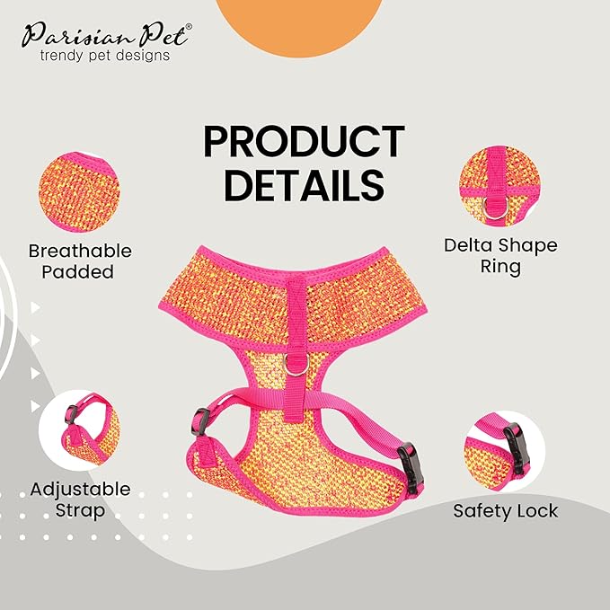 Parisian Pet Dog Harness - Adjustable Pink/Yellow Dog Vest Harness - 100% Mesh Fabric No Pull Puppy Harness - Cooling Dog Harness for Large Dogs - Idle for Walking, Running, and Hiking - XL