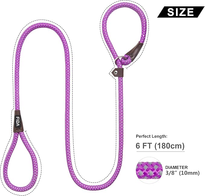 Fida Durable Slip Lead - 6 FT x 3/8" Heavy Duty Dog Loop Leash for Small Dogs and Puppies, No Pull Pet Training Leash with Highly Reflective Stitching (Purple)