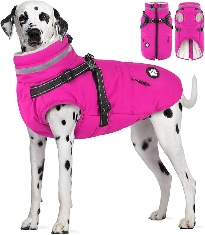 Dogcheer Dog Coat with Harness, Waterproof Dog Jacket Christmas Pet Winter Coat with Pockets, Reflective Doggy Turtleneck Fleece Jacket for Small Medium Large Dogs - Pink, 3XL