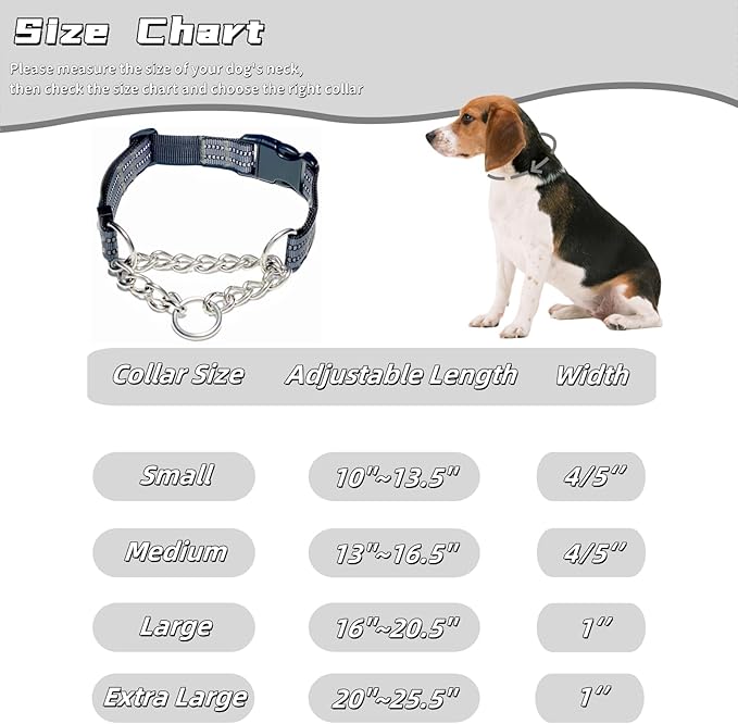 Martingale Dog Collars, Reflective Nylon Collar with Stainless Steel Chain, Adjustable Walking Training Dog Collars with Quick Release Buckle, Suitable for Small Medium Large Dogs(Gray,XL)
