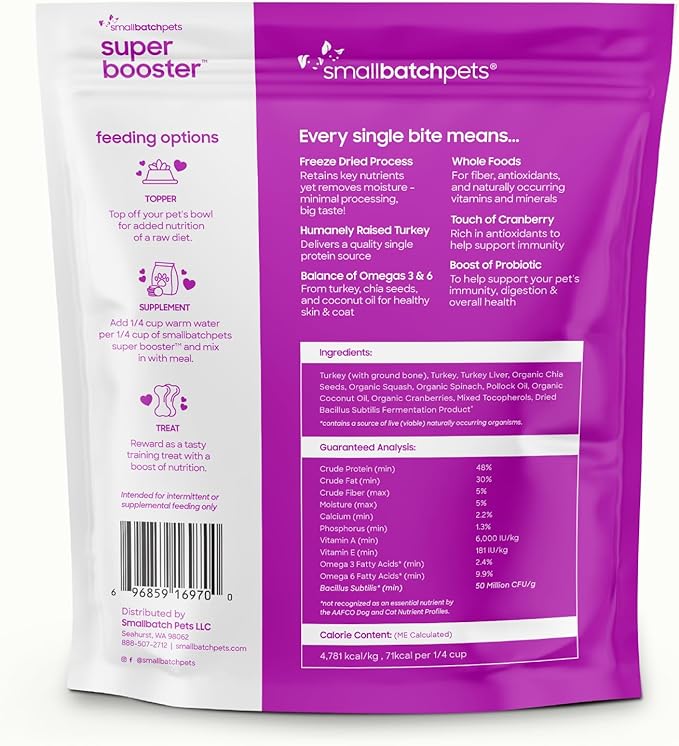 Smallbatch Freeze Dried Dog Treats, Superfood Food Topper Turkey Bites for Dogs & Cats, Probiotics, Organic Ingredients, High Protein, Grain Free Healthy Treat & Food Topper, Made in the USA, 7 oz Bag