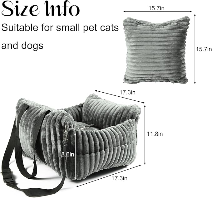 Dog Car Booster Seat, for Small Dogs Under 30 lbs, Detachable Washable Travel Bed with Storage Pockets and Safety Belt (Grey, Medium)