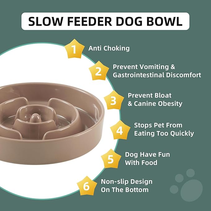 7.3inch Ceramic Slow Feeder Dog Bowl for Medium and Large Breed, Puzzle Dog Food Dish, Anti-Gulping, Pet Slow Feeder, Stop Bloat, Preventing Choking (Single Bowl-Brown Coffee)