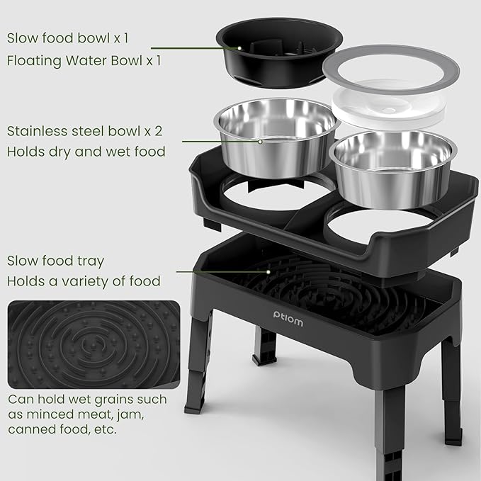4-in-1 Elevated Slow Feeder Dog Bowls, 4 Height Adjustable Mess Proof Raised Dog Bowl Stand with No Spill Water Bowl, Stainless Steel Doggy Food Dish & Slow Feeder for Large Medium Small Pets