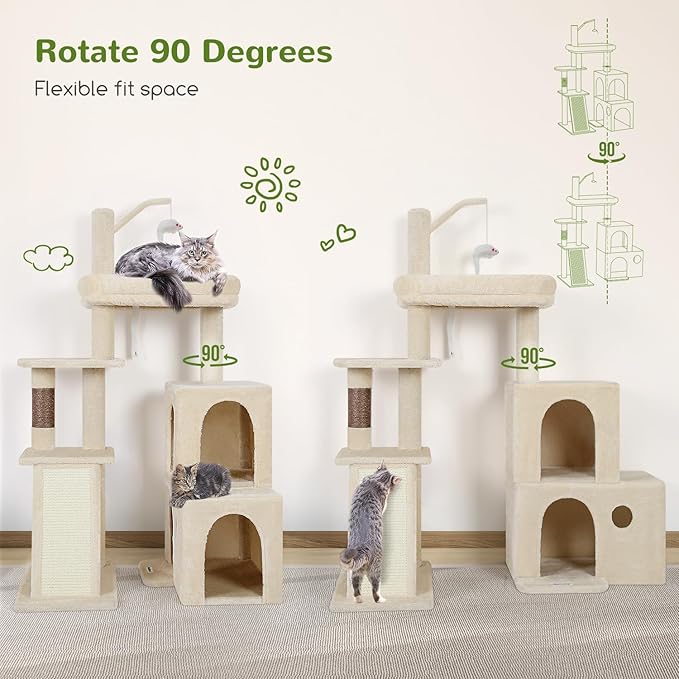 Globlazer F50 Cat Tower for Adult Indoor Cats, 50-inch Heavy Duty Cat Tree for Big Cats, Cat Tree House with Extra-Large Padded Platform, Sisal Scratching Board, 2 Large Condos, Beige