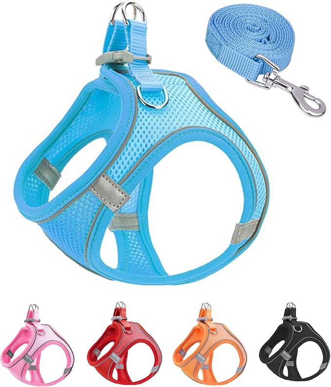 M Blue Soft Mesh Dog Harness and Leash Set,No Escape Puppy Harnesses for Training Walking， Reflective Adjustable Puppy Vest for Small Medium Dogs, Cats (Blue, M)